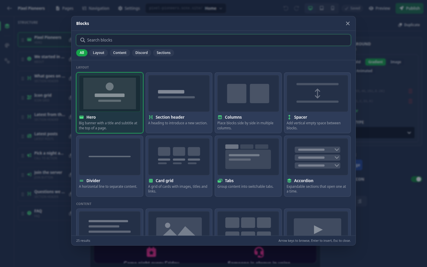 The block picker with search, categories and block previews