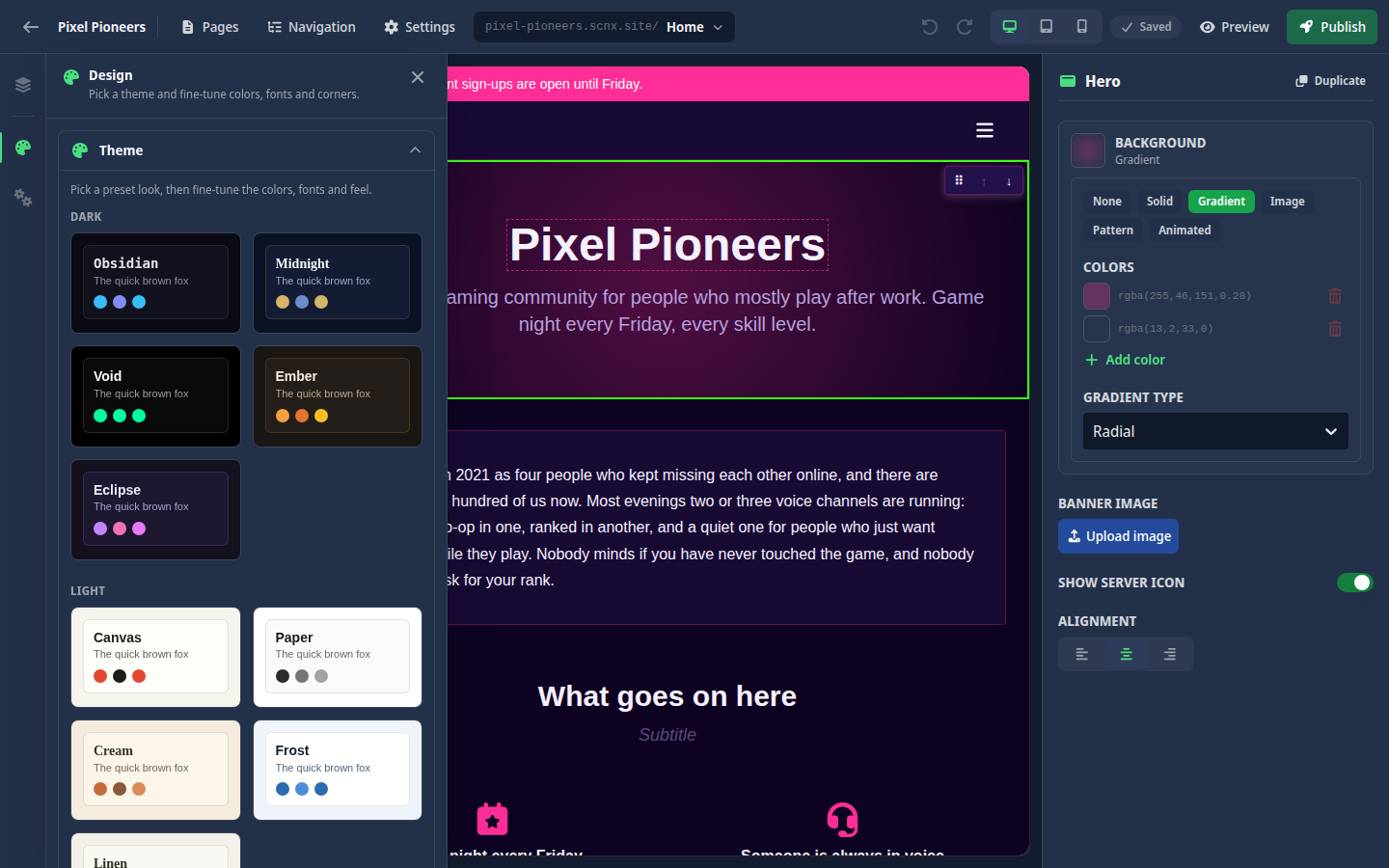 The Design panel with the theme presets next to the canvas