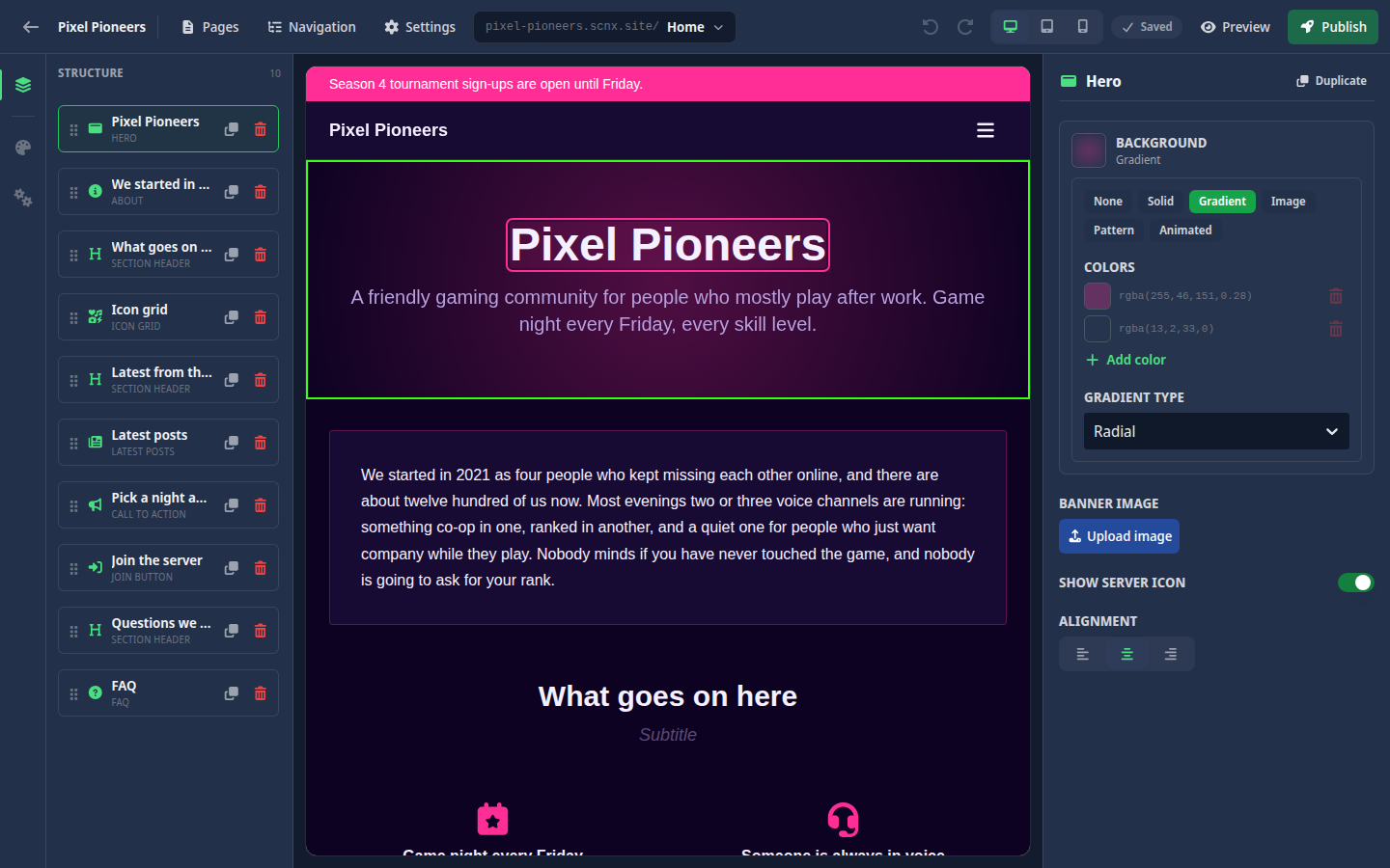 The editor workspace with the structure list, the canvas and the block options