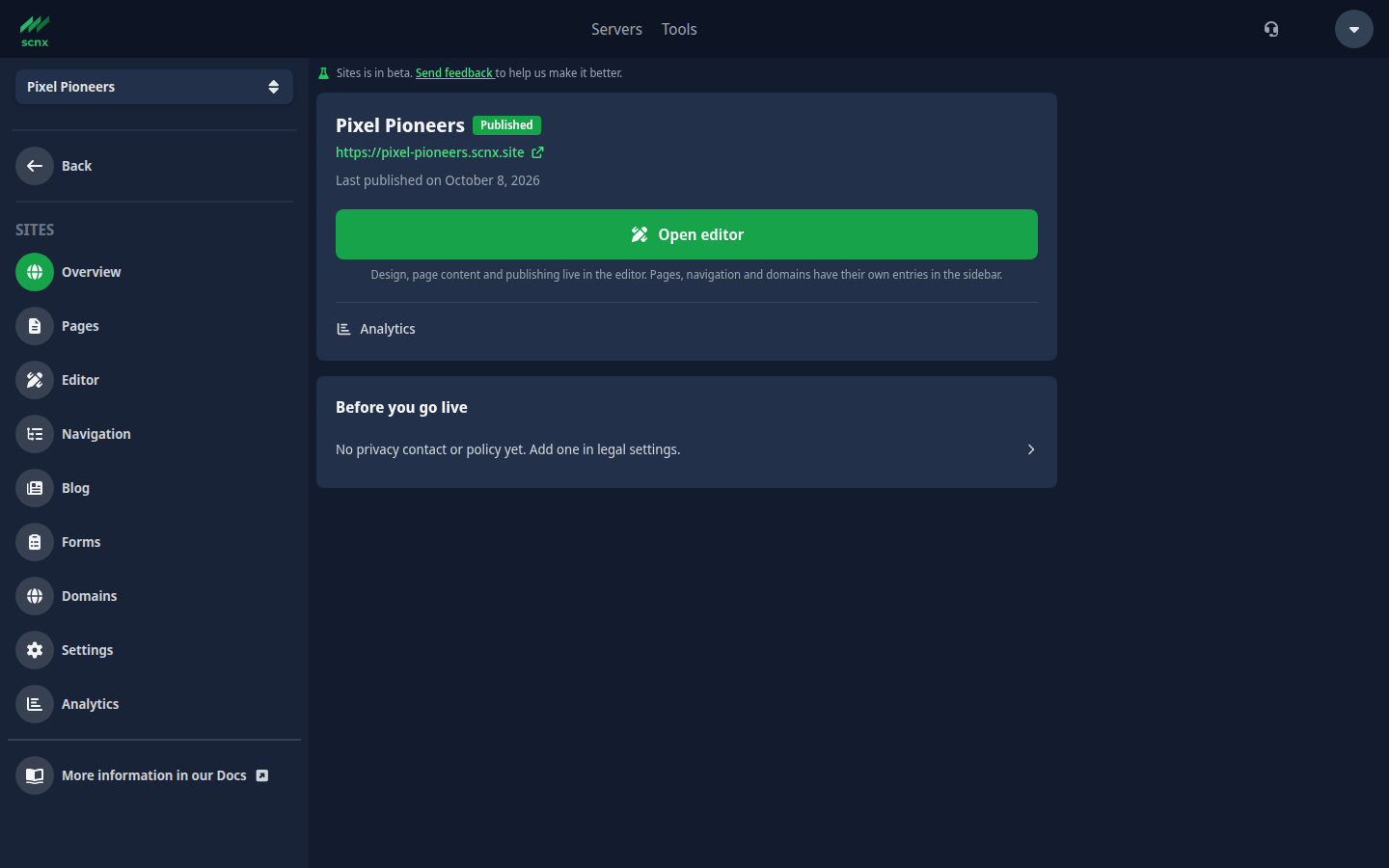 The Sites overview with the site address, status and the Before you go live list