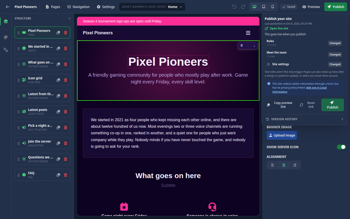 The publish popover listing the changed pages and site settings