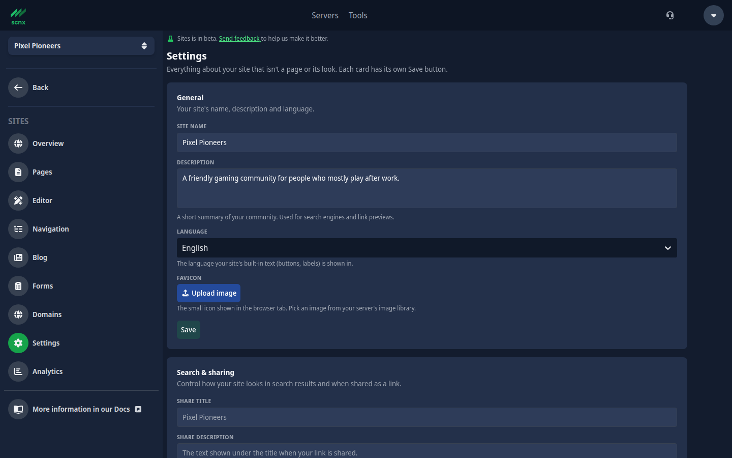 The General card on the Settings page