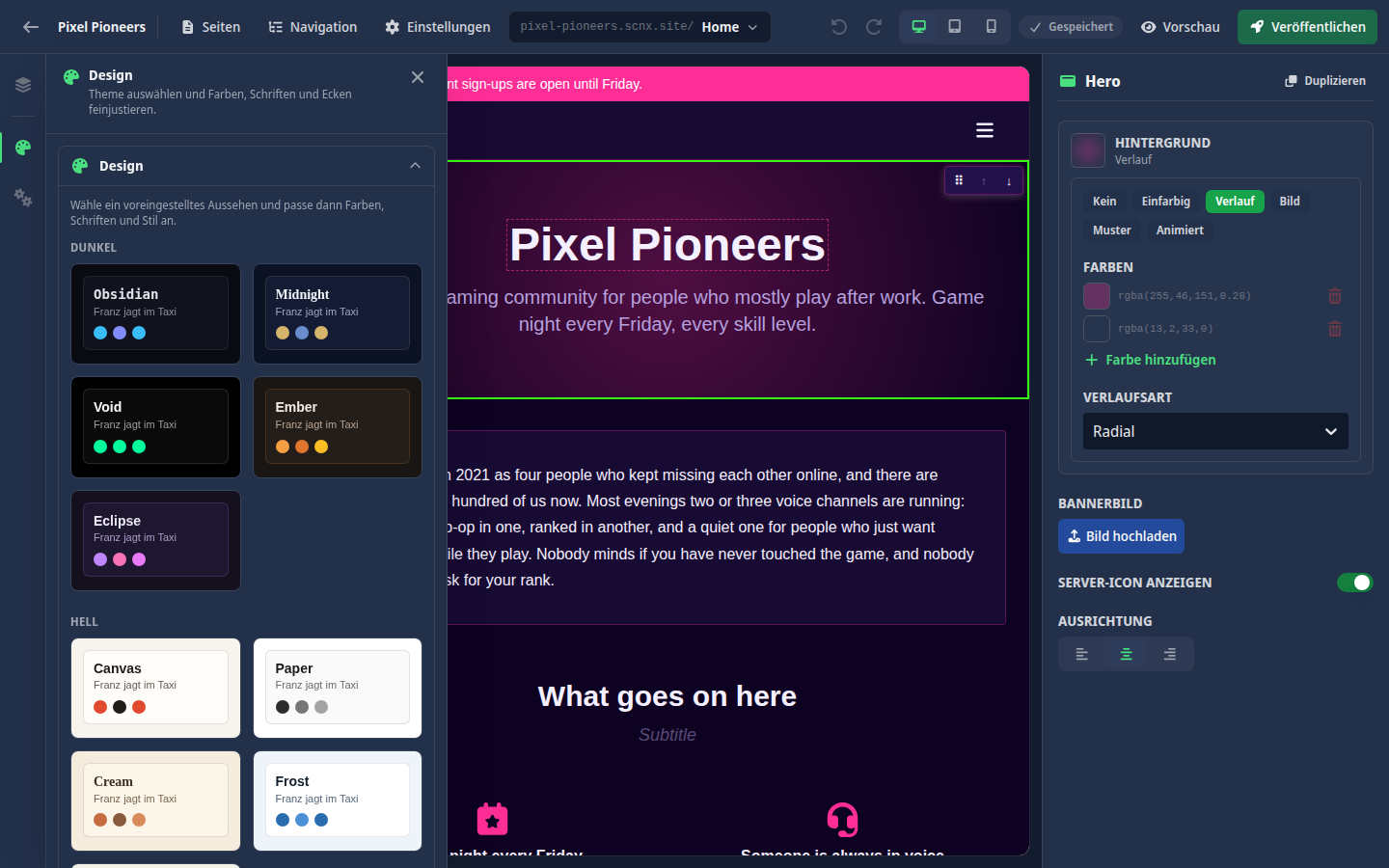 Das Design-Panel mit den Theme-Vorlagen neben der Vorschau
