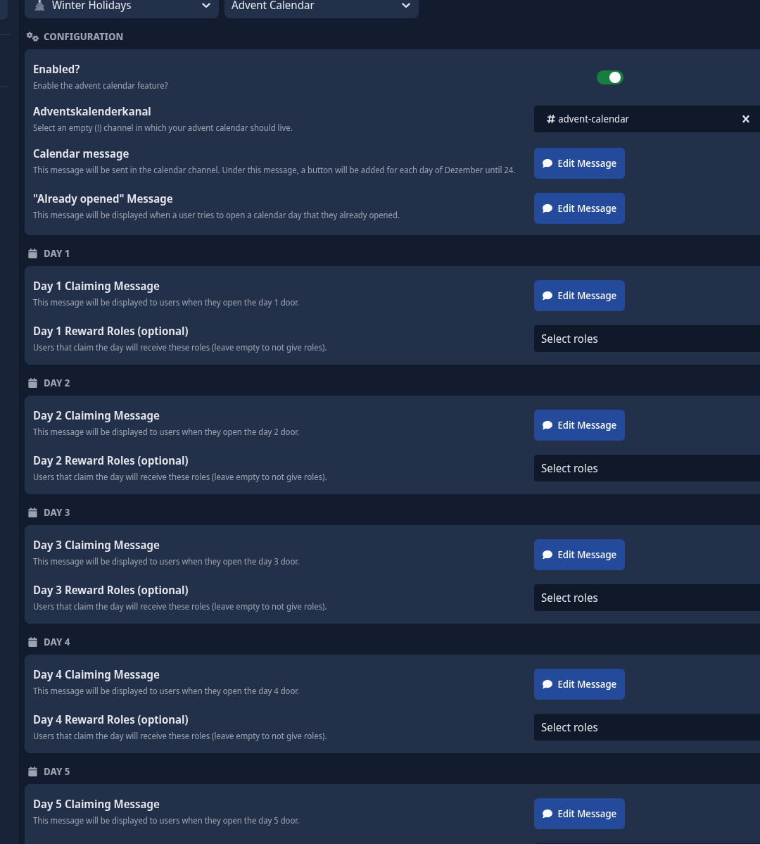 Screenshot mit den Konfigurationsoptionen für das Modul &quot;Winter Holidays&quot; auf scnx.app