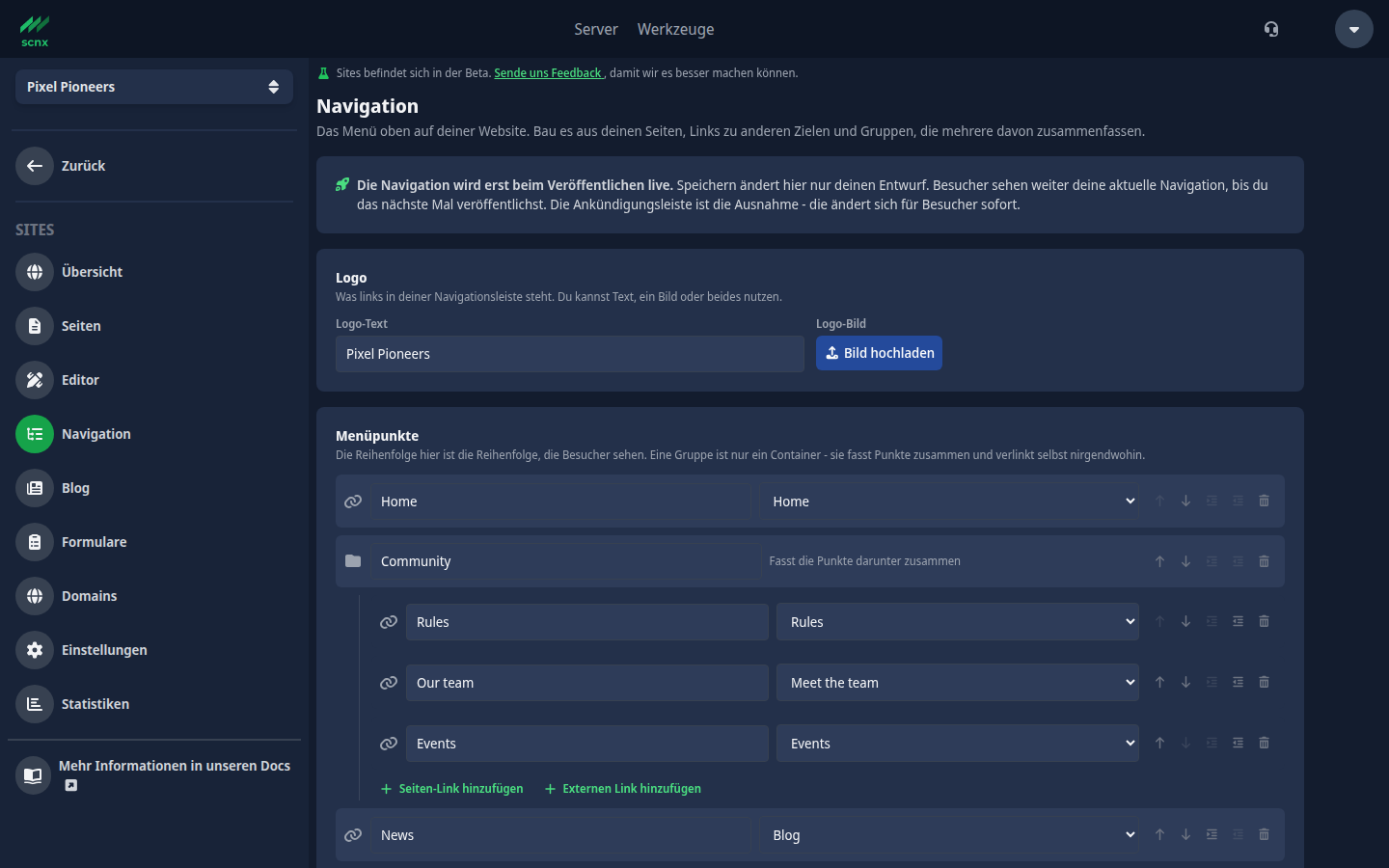 Der Navigations-Editor mit einer Gruppe Community, die drei Seiten enthält