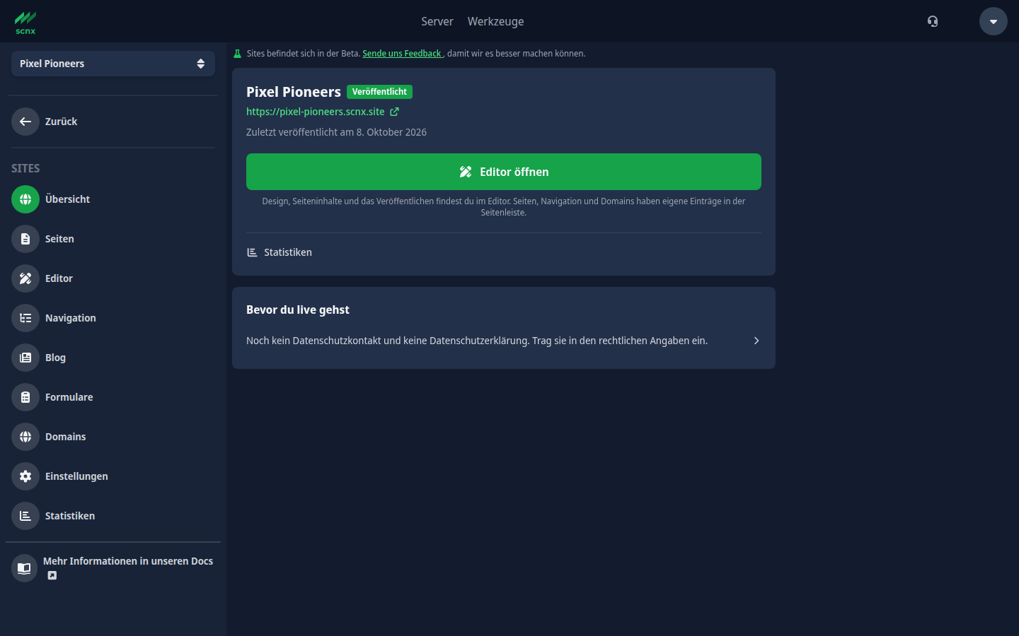 Die Sites-Übersicht mit Adresse, Status und der Liste Bevor du live gehst