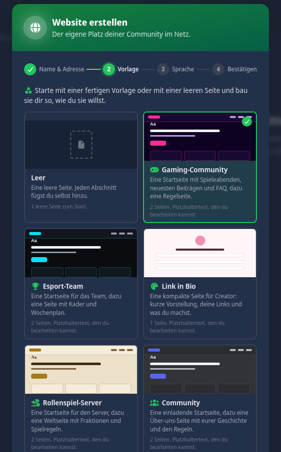 Der Vorlagen-Schritt im Erstellungs-Assistenten mit ausgewählter Vorlage Gaming-Community