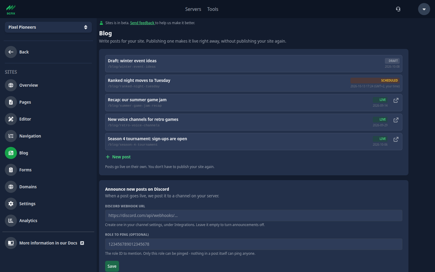 The Blog screen with a draft, a scheduled post and three live posts