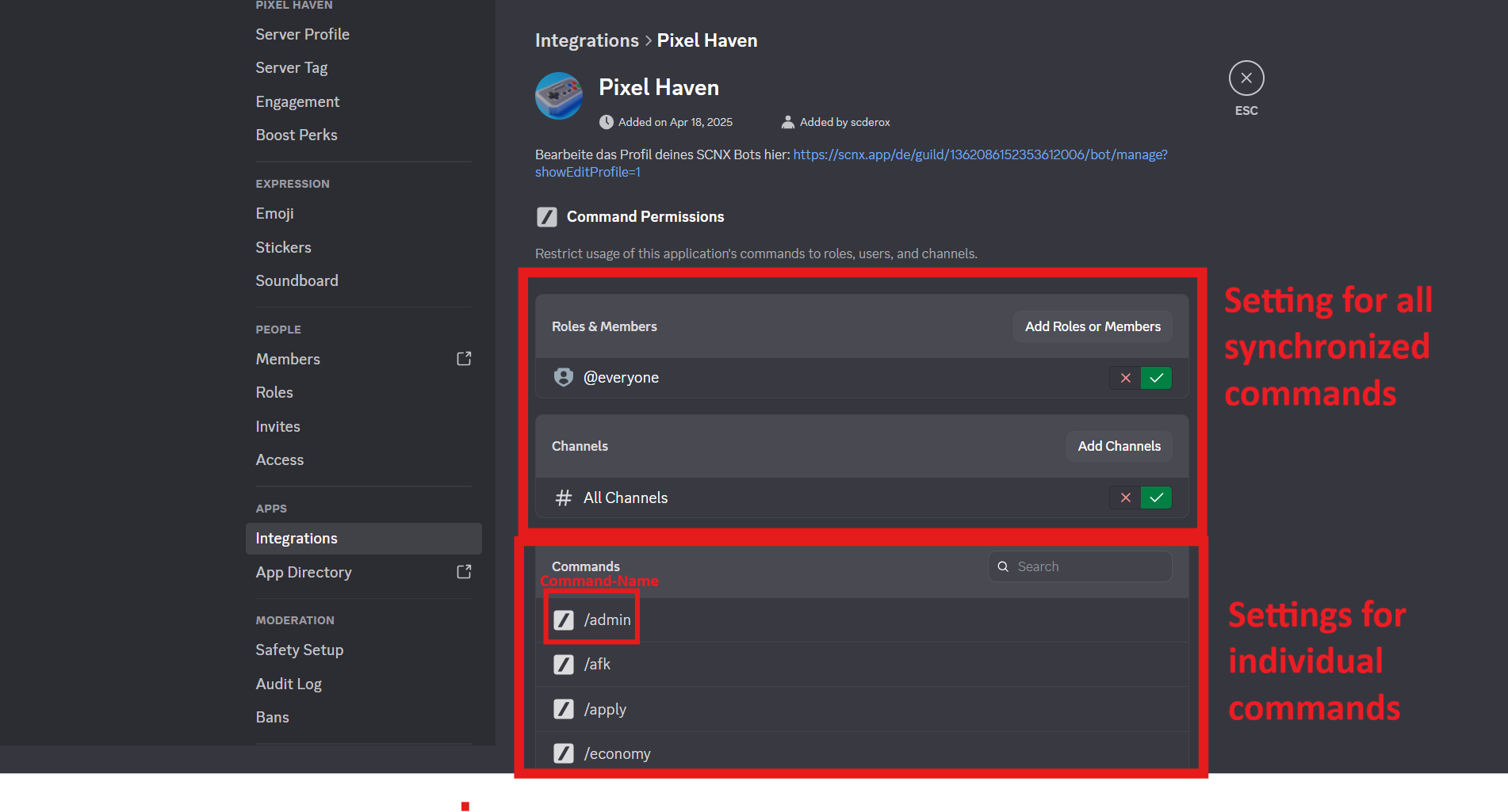 Permissions Overview, showing the list of commands and their current permissions