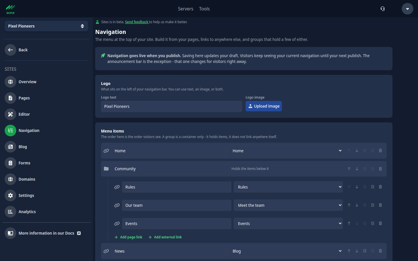 The navigation builder with a Community group that holds three pages