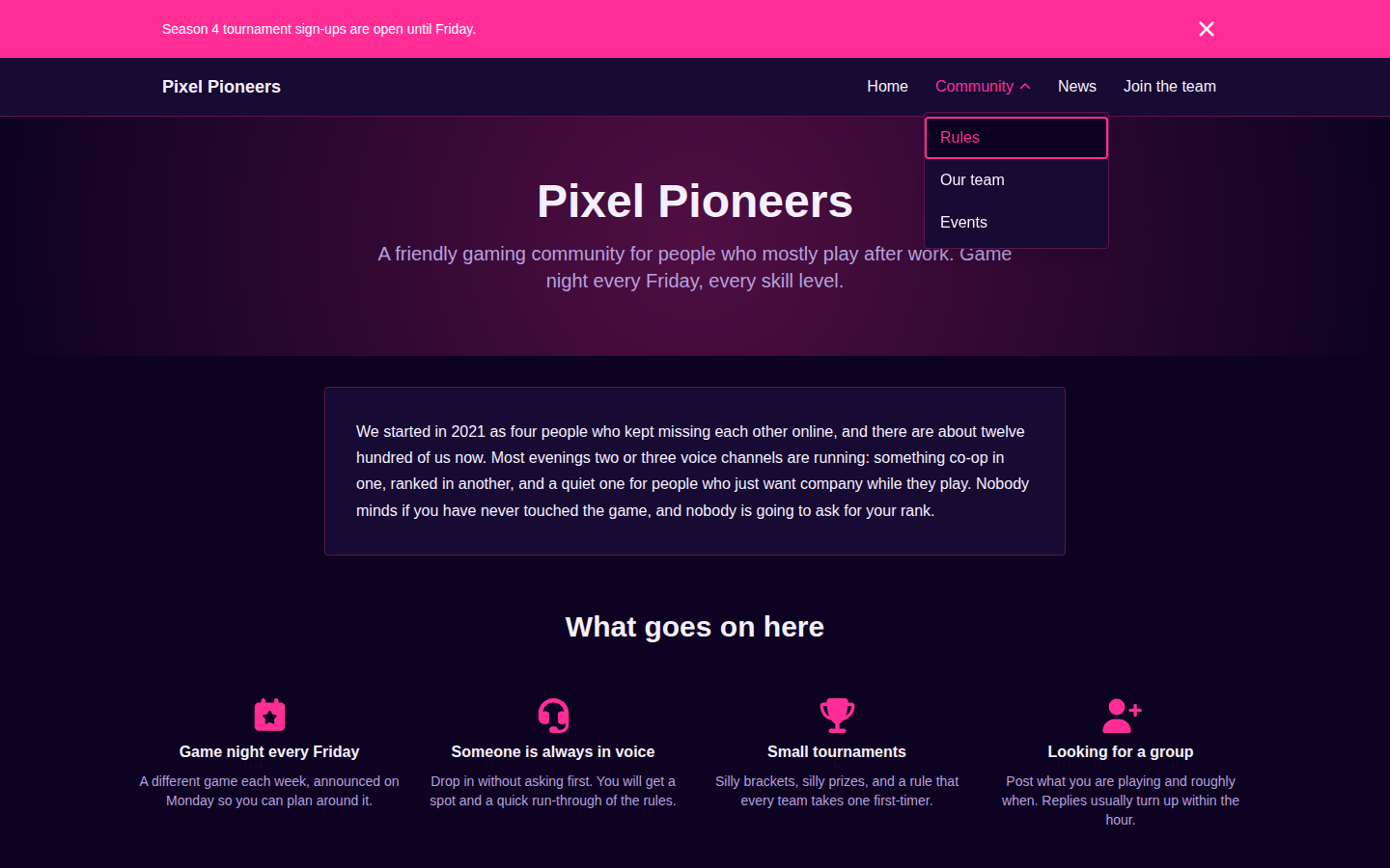 A published demo site with an announcement bar and an open dropdown menu