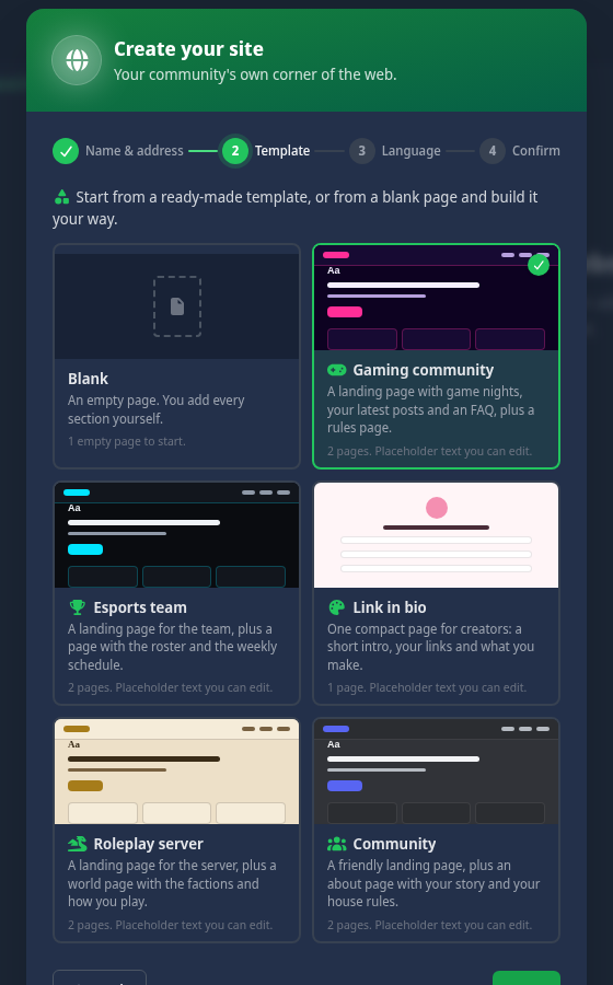 The template step of the create wizard with the Gaming community template selected
